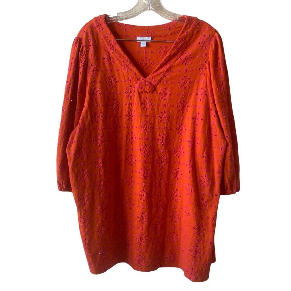 J. Jill Women's Tunic Blouse Size XL Embroidered Boho Eyelet 100% Cotton V-Neck